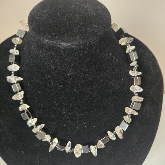 Beautiful Raw Clear Crystal & Hematite Beaded Artisan Necklace - Picture 2 of 5